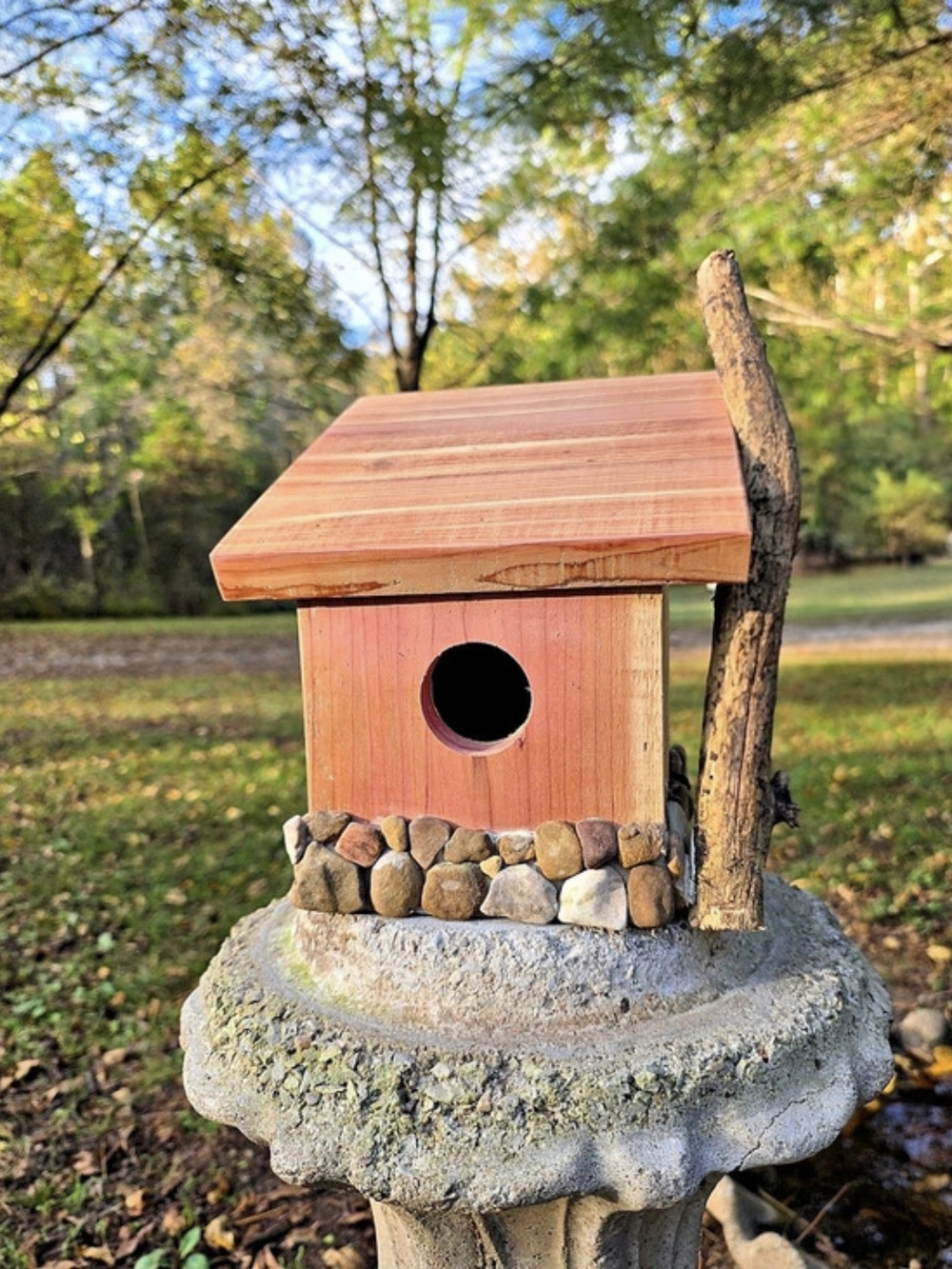 Eastern Red Cedar and Creek Stone Handcrafted with Perch Birdhouse